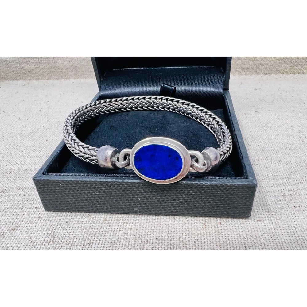 Tabra Sterling Silver Lapis Lazuli Wheat Chain Bracelet S-Hook Clasp Boho